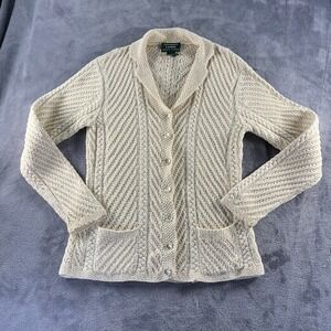 Lauren Ralph Cardigan S Cream Hand Knit Cotton Cable Coastal Grandma Layering